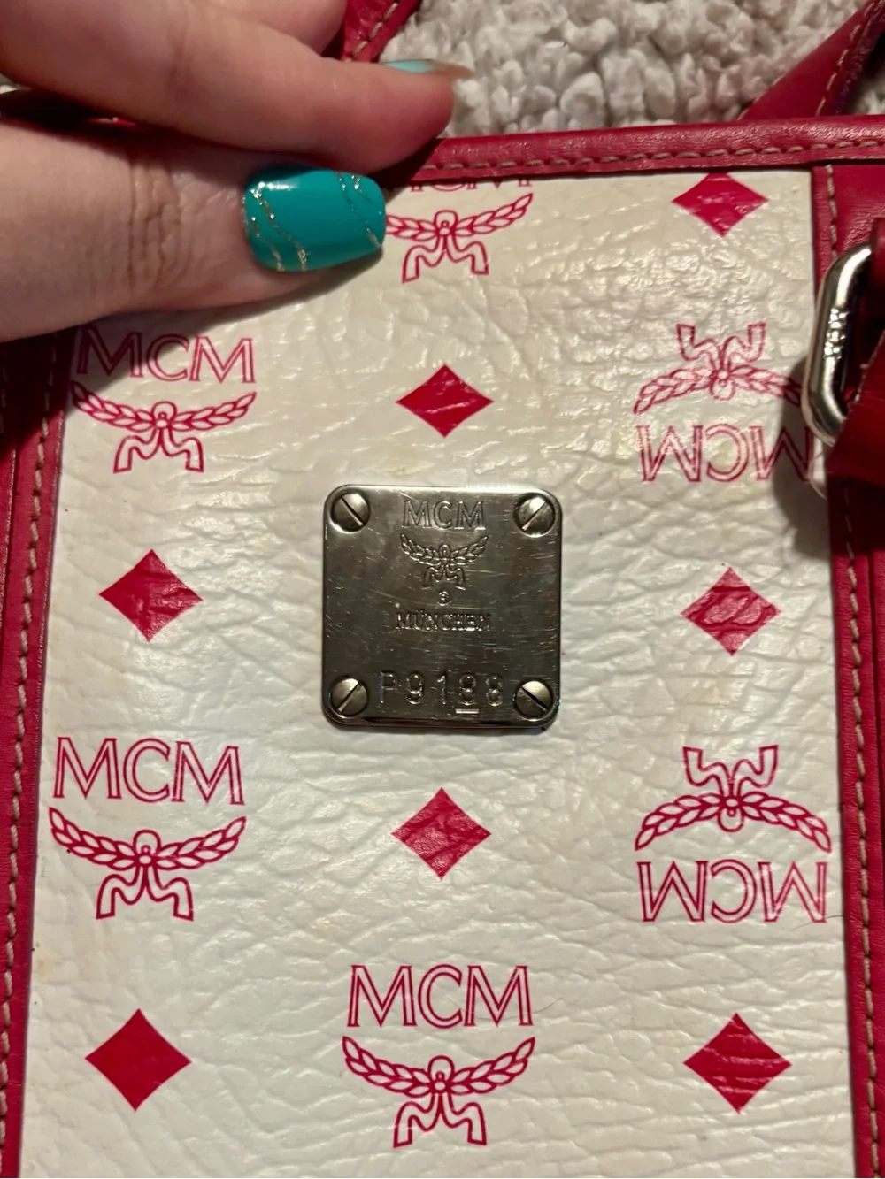 RARE MCM White & Pink Visetos & Leather Vertical Tote Bag